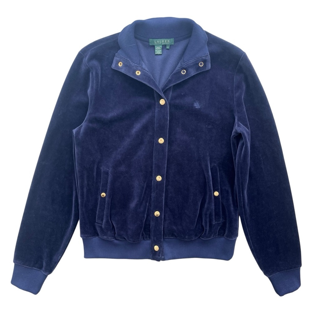 Lauren Ralph Lauren Women’s S Navy Velvet Gold Button Snap Lightwt Bomber Jacket
